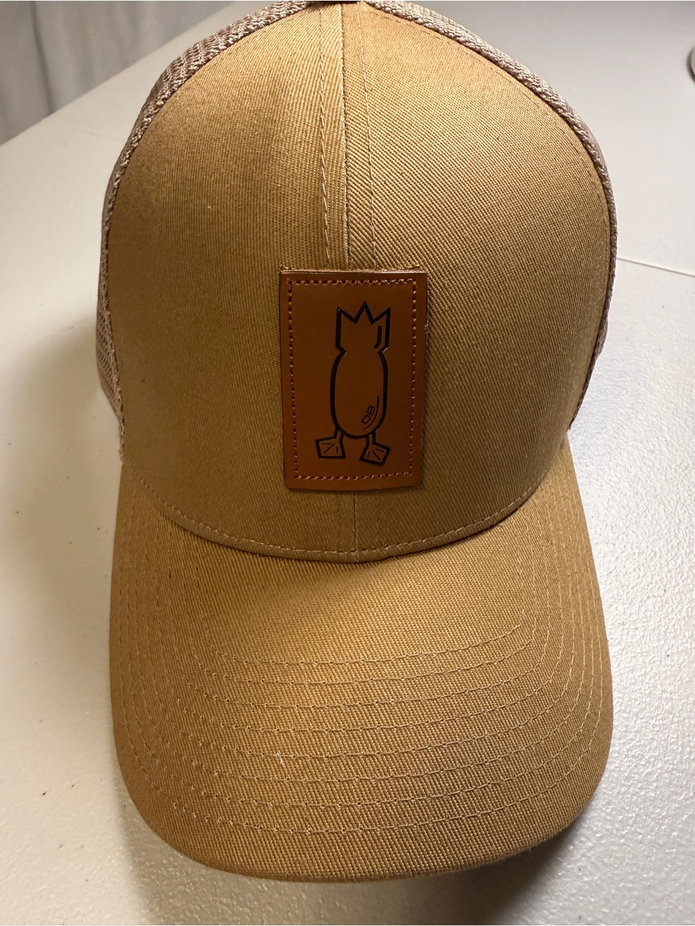 Dive Bomb Industries Leather Patch Trucker Hat Snapback Cap Tan Brown Waterfowl